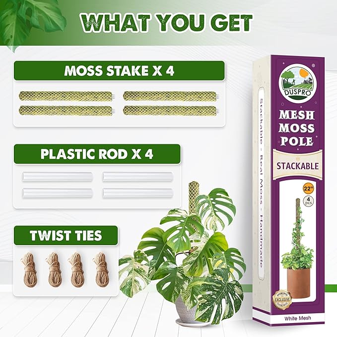 DUSPRO Stackable Mesh Moss Pole for Plants Monstera Potted Plant Stakes for Indoor Plants Extendable Plant Pole Moss Sticks for Plants Climbing Vine Supporting Monstera Trellis 4Pack 71''