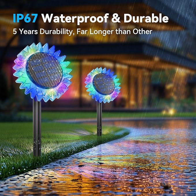Solar Garden Lights - Upgraded Solar Sunflower Light, Ground/Wall 2 In 1, Solar Outdoor Lights Waterproof IP67,Garden Yard Patio Backyard Pathway Landscape Fence Wall Decoration, Multicolor(6 Pack)