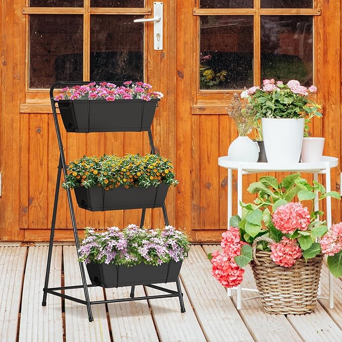 Raised Garden Bed 3 Tier Vertical Garden Planter Elevated Planter Boxes Outdoor Herb Planter with Drainage Holes Removable Tray for Patio Balcony Porch Black