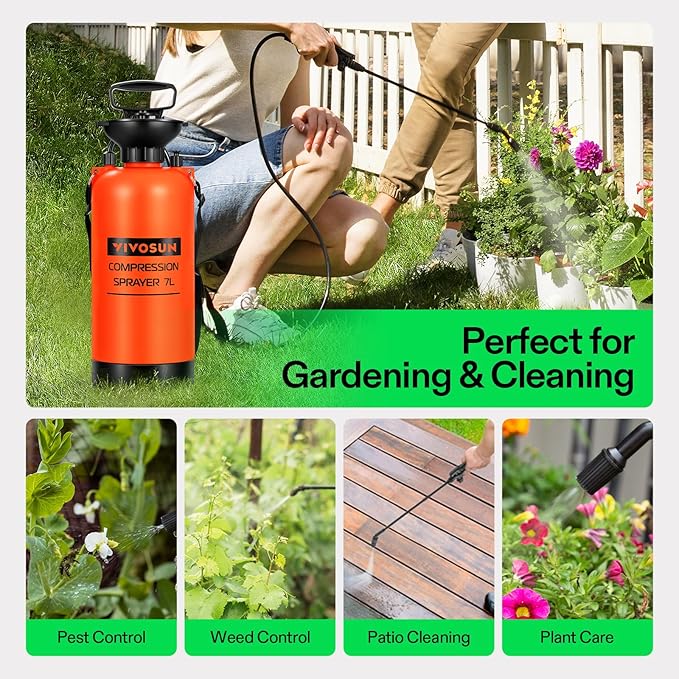 VIVOSUN 1.85-Gallon Pump Pressure Sprayer, Pressurized Lawn & Garden Water Spray Bottle with Adjustable Shoulder Strap, for Spraying Plants, Garden Watering and Household Cleaning