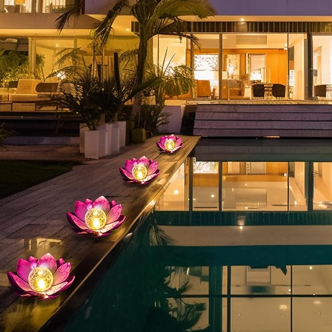 HPC Decor Solar Lights Outdoor Garden Decor - Art Crackle Globe Glass Lotus Decoration, Waterproof LED Metal Flower Lights for Outdoor Decor on Patio,Lawn,Walkway,Table,Perfect Gifts (Purple 11in)