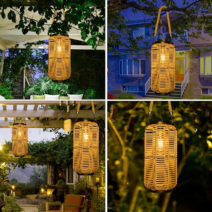 Solar Lantern Outdoor Hanging Lights, Rattan Lantern Waterproof with Twine Handle, Bright Solar Outdoor Lights with Edison Bulb for Garden Patio Yard Tabletop Decoration