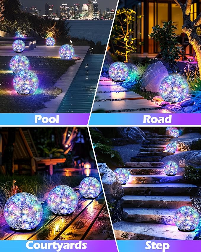 Garden Solar Ball Lights Outdoor Waterproof, 30 LED Cracked Glass Globe Solar Power Ground Lights for Path Yard Patio Lawn, Christmas Decoration Landscape Colorful (2 Pack 3.9'')