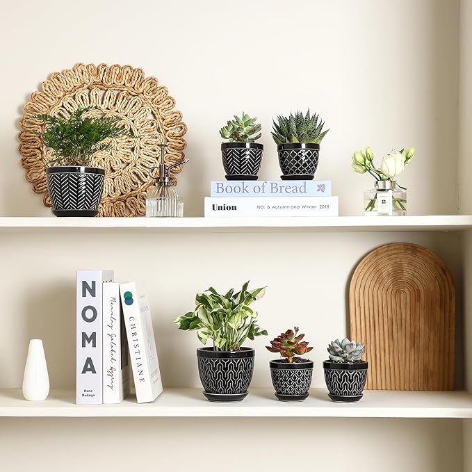 Sureasy Succulent Pots, 3.5 Inch Flower Pots for Indoor Plants, Small Plant Pots with Saucer & Drainage, Decorative Ceramic Planters for Succulent, Cactus, Set of 4, Black