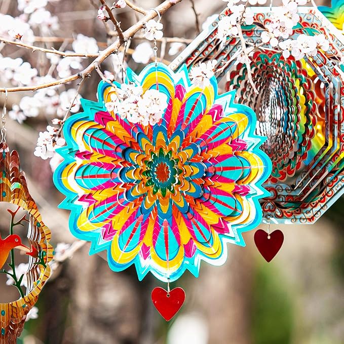 SteadyDoggie Wind Spinner Mandala Flame 12 inches - 3D Stainless Steel - Laser Cut Metal Art Geometric Pattern - Yard Spinners Outdoor - Hanging Wind Spinner, Kinetic Yard Art Decorations