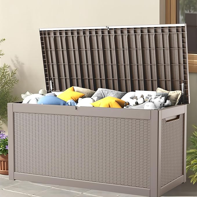 260 Gallon Storage Box, Waterproof Resin Deck Box with Steel Support & Hydraulic Rod, Lockable Storage Bench for Indoor & Outdoor Use, Storage Bin for Patio Cushions, Garden Tools, Grey