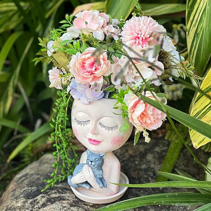 Face Plant Pots Head Planters - Face Flower Pot Head Planter with Cat, Succulent Pots with Drainage Hole, Resin Lady Planter for Indoor Outdoor, Home Decor, Mother's Day/Women Gifts