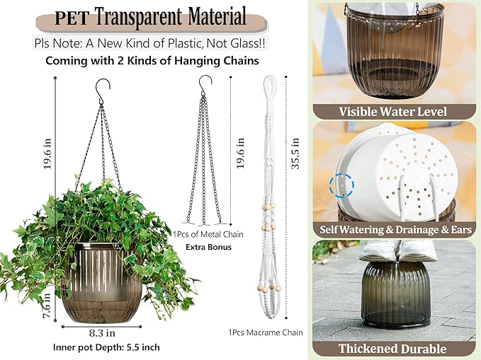 Melphoe Self Watering Hanging Planters for Indoor, 1 Pack 8.3 Inch Outdoor Hanging Plant Pot Basket, 2 Kinds of Plant Hangers Macrame 35.5’’ & Metal Chain 19.6’’ for Garden Home Decor