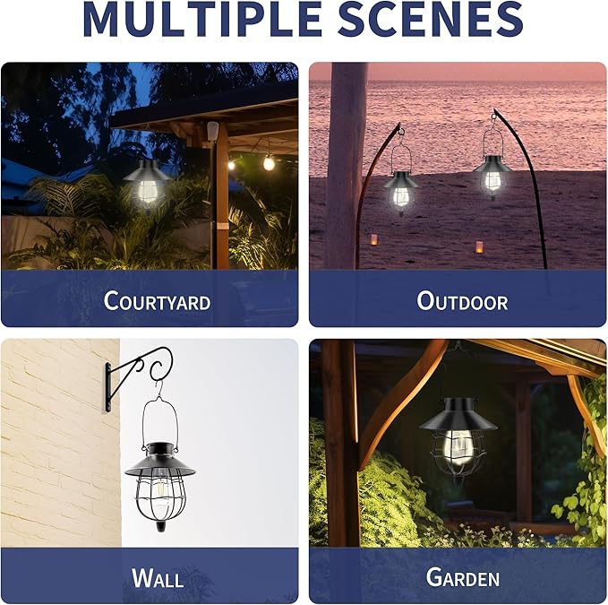 Solar Hanging Lantern Outdoor Waterproof Solar Lanterns Hanging Lights for Outside with Bright Warm White Light for Garden Patio Yard Pathway 2 Pack(Black)