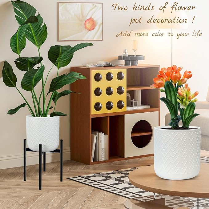 12 Inch Flower Pot Without Bracket with Drainage Holes Suitable for Indoor and Outdoor Decorative Planting (White Rectangle, 12 Inches)