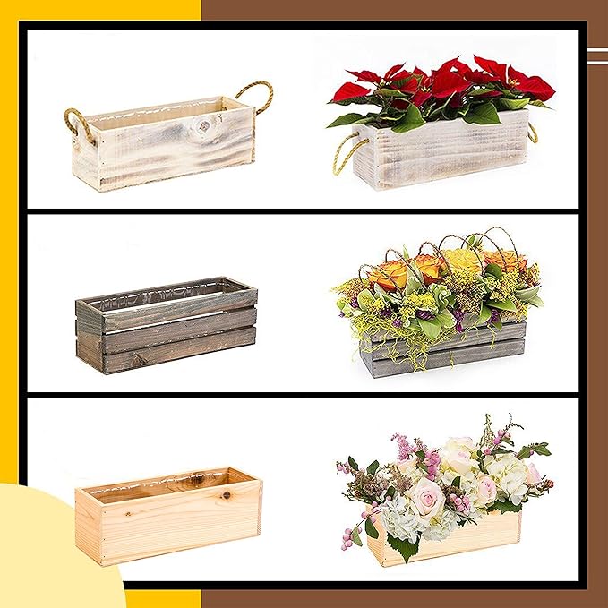 Wooden Planter Box with Handle, Rustic Whitewash, Plastic Liner l Garden Decor l Restaurant and Wedding Decorations l Table Centerpiece (12x4 w Handle Set of 4, Whitewash)