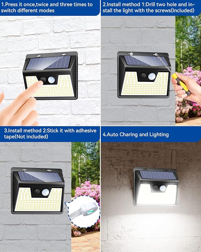 Peasur Solar Powered Lights Outdoor, 140 LED 8Pack Motion Sensor Light Outside, IP65 Waterproof Fence Security Lighting with 3 Modes for Yard Wall Garden Cool White
