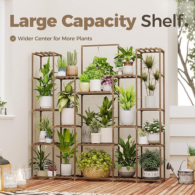 Bamworld Large Plant Shelf Plant Stand Indoor Hanging Tall Outdoor Plant Holder Wood for Multiple Plants Plant Rack for Living Room Garden Balcony Flower 17 Pots Wide