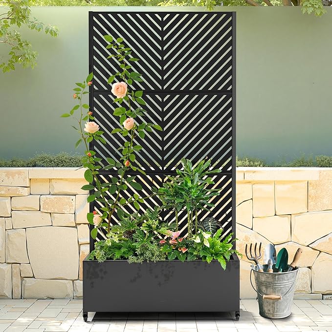 Raised Garden Bed with Trellis and Wheels,73"x35"x16" Metal Raised Garden Bed,Black Parallel Metal Planter with Climbing Trellis for Vines & Vegetables