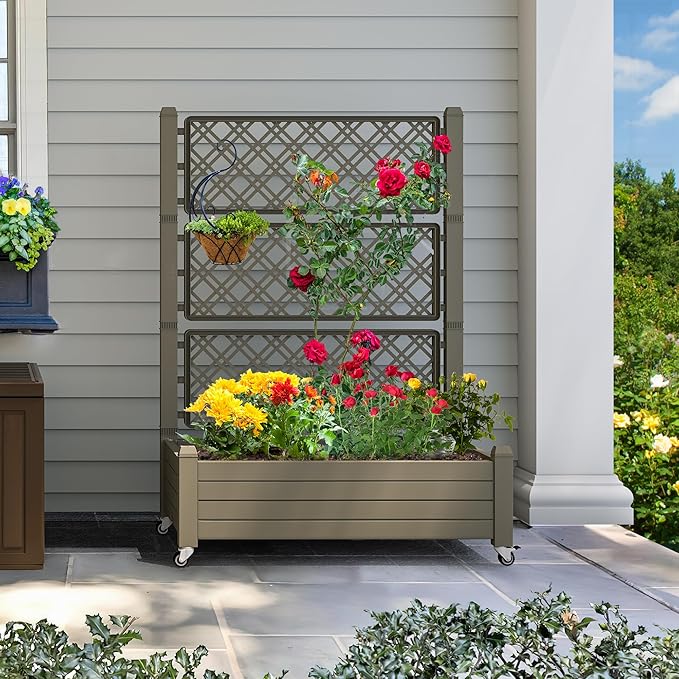 YITAHOME 43.3x17.7x61 in Planter Trellis Box with Wheels & Drain Plug, Outdoor Resin Raised Garden Bed for Climbing Plants, Large Weather-Resistant Design, Light Brown