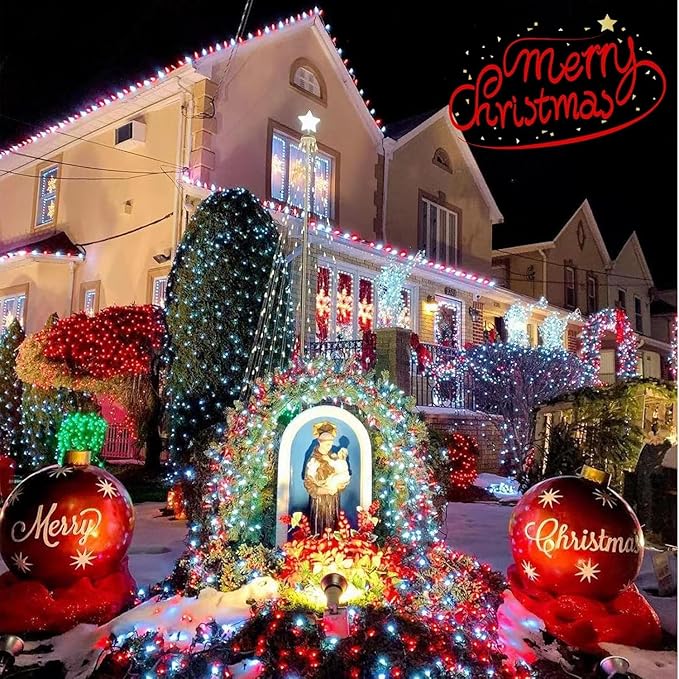 QITONG 4 Pack Red and White Solar Fairy Lights, Each 33ft 100 LED Christmas Lights, 8 Modes Silver Wire Solar String Lights