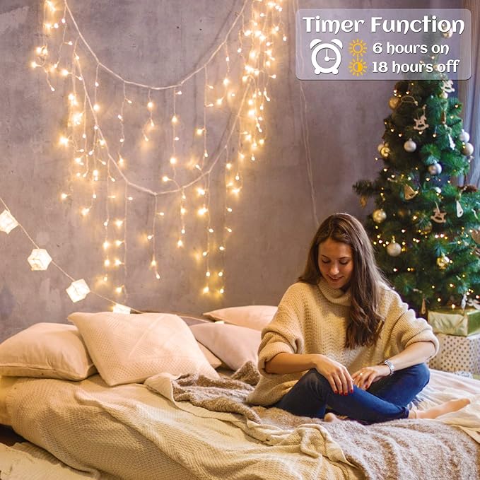 Icicle lights Outdoor - 66ft Christmas Lights with 640LED 120 Drops 8 Modes, Plug in Curtain String Lights Waterproof for Holiday Wedding Party Home Garden Bedroom Indoor Outdoor Decoration,Warm White