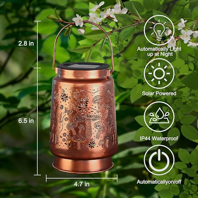 Mushroom Solar Lanterns Outdoor Waterproof Garden Decor Birthday Gifts for Women Mom Grandma Metal Hanging Solar Lights Decoration for Outside LED Lanterns for Yard Patio Lawn Pathway Landscape