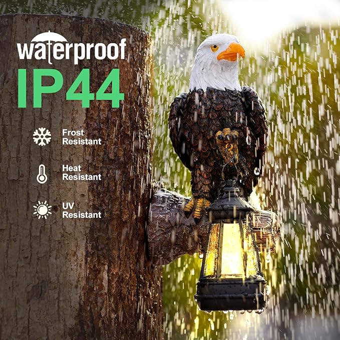 Eagle Tree Hugger with Solar Lantern - 8 Inch Resin Eagle Statue for Outdoor Garden Decor - Ideal Eagle Housewarming & Birthday Gifts for Grandma Mom Women