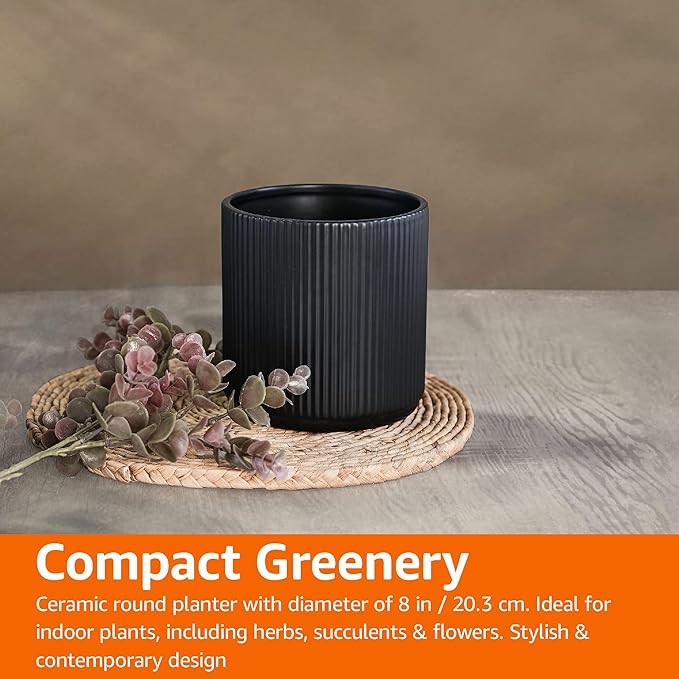 Amazon Basics Fluted Round Ceramic Planter, 8-Inch, Black