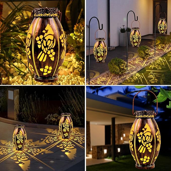 pearlstar 2 Pack Cardinal Solar Lanterns Outdoor Hanging Light Waterproof, Birthday Gifts for Women Mom Men,Decorative Metal Solar Lamp for Table Garden Yard Patio Pathway,Copper