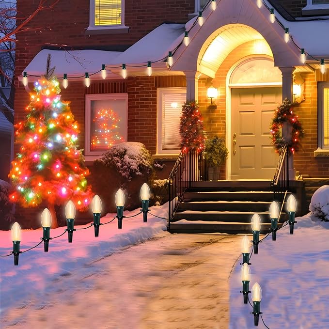 C9 Led Christmas Pathway Lights Outdoor, 38Ft 25 LED C9 Warm White Pathway Marker Stakes Lights, Connectable Christmas Walkway Lights UL Listed for Yard Lawn Sidewalk Driveway Christmas Decorations