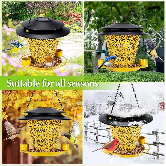 Solar Bird Feeders for Outside Hanging Metal Wild Bird Feeder Solar Lanterns Outdoor Waterproof Garden Decor for Yard Yellow
