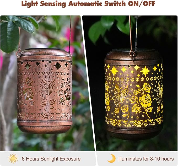 Kaixoxin Solar Garden Decor Metal Lantern Hummingbird Table Lamp Bronze Outdoor Dercoration Great Gift for Women Mon Grandma Hanging Lights for Patio Courtyard Garden