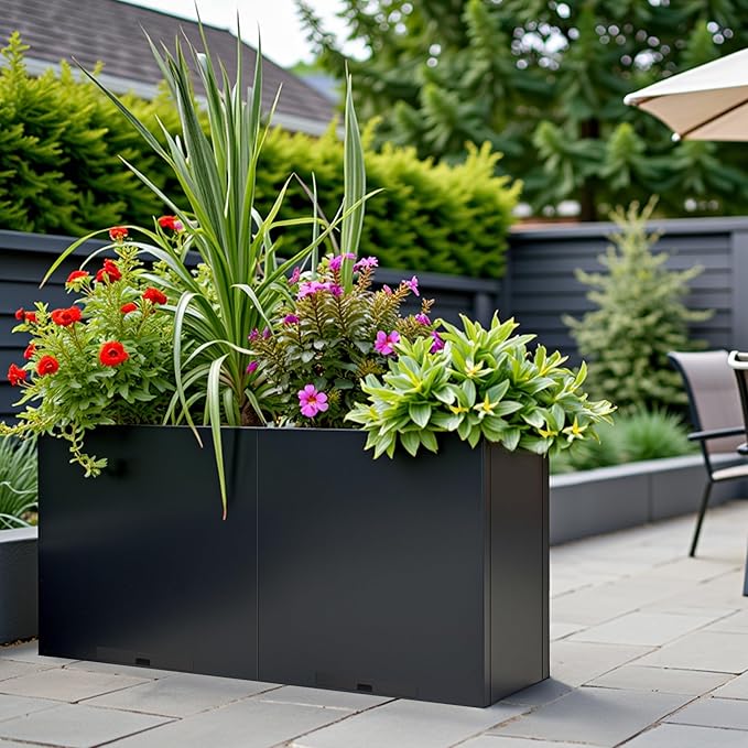 KOL Galvanized Steel Planter Box, with Insert Tray Drainage Holes, Rectangular Black Powder Coated Metal Planter, Outdoor Use, Heavy Duty Modern Flower Pot (Black, 36" H x 11" W x 32" L)