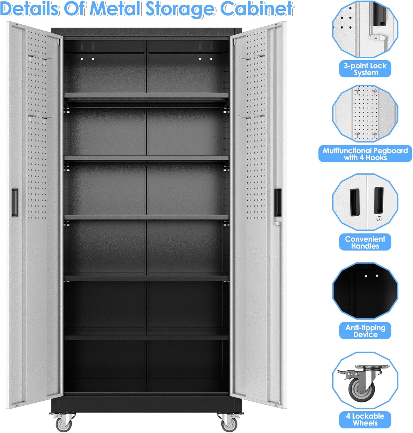 Upgraded Wide & Deep Metal Garage Storage Cabinet with Wheels & Pegboard, Lockable Metal Storage Cabinets with 2 Doors&5 Adjustable Shelves for Garage&Home,Assembly Required,Black Gray