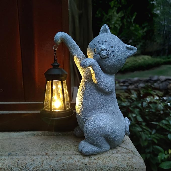 Cat Solar Garden Statues,Resin Cat Figurine Decorations with Solar Lights Lantern, Outdoor Figurines Lawn Cats Statue Decor Art for Lawn,Yard, Balcony Ornament,Gift for Garden Home Mom.