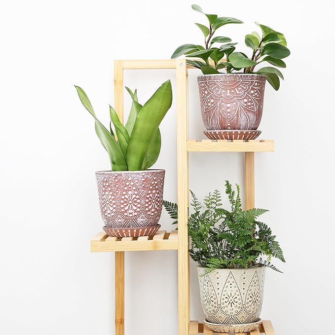 Gepege 6 Inch Beaded Ceramic Planter Set of 2 with Drainage Hole and Saucer for Plants, Indoor-Outdoor Large Round Succulent Orchid Flower Pot