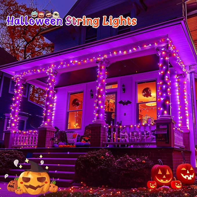 2 Pack Orange and Purple Halloween Lights, Total 151ft 400 LED Halloween Solar Lights Outdoor,8 Modes Solar String Lights Outdoor Waterproof