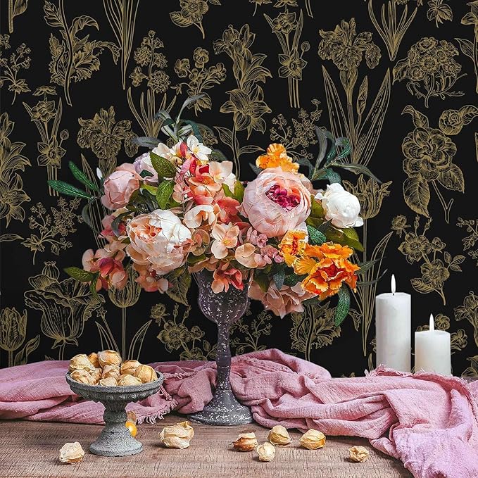 Dimoon 236"x17.3" Floral Wallpaper Peel and Stick Flowers Golden Black Contact Paper Thicken Waterproof Modern Self Adhesive Plants Wallpaper Removable Wall Paper Shelf Vinyl Roll