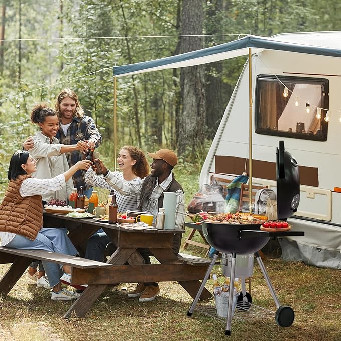 Premium 22 Inch Charcoal Grills with 2 Foldable Tables, BBQ Grill with Cover, Outdoor Barbecue Grill with Ash Catcher, Portable Charcoal Kettle Grills with Wheels for Camping Party Backyard