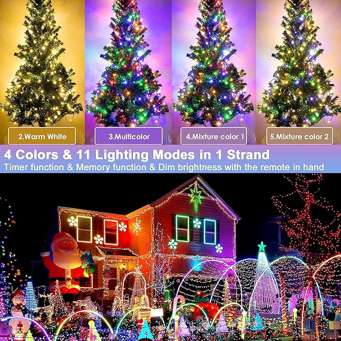 Hezbjiti 337FT 720LED Color Changing Christmas Lights Outdoor, 11 Modes String Lights IP44 Waterproof Fairy Light for Party Tree Garden Wedding Decorations (Multicolor to Warm White, Clear Wire)