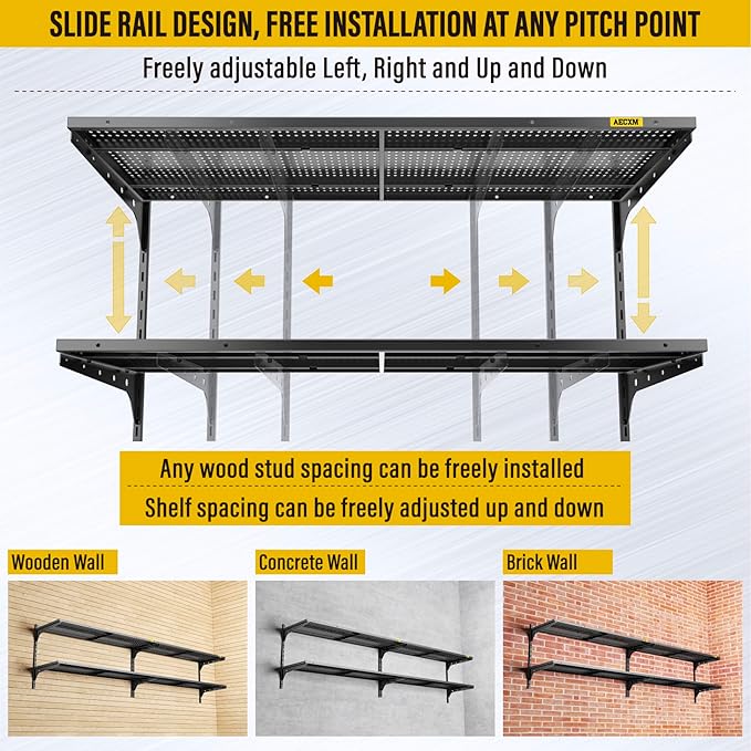 2-Pack 2 Tier 1.3x4ft Garage Shelving Wall Mounted, 800 lbs Load Capacity,15.6x48inch per Shelf Height Cassette Adjustable Floating Shelves(Black)