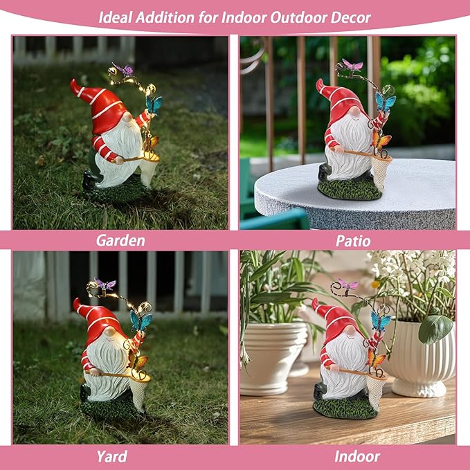 Garden Gnome Statue, Solar Funny Gnomes Figurine Catching Butterflies with LED Lights Waterproof Resin Outdoor Decor for Patio Lawn Yard Home Tabletop Decoration