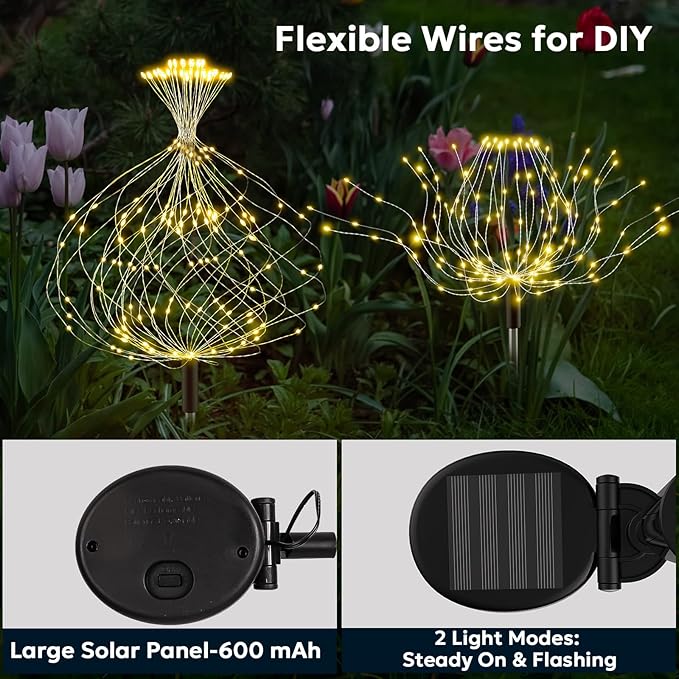 Solar Garden Lights Outdoor Waterproof 200 LED Fireworks Lights Solar Powered Sparkles Landscape Fairy Light Outside Decorations Light for Yard Patio Pathway Lawn Party Walkway Decor, 6 Pack