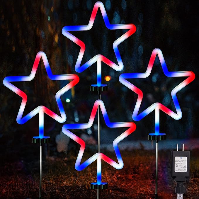 BlcTec 4th of July Decorations, 4PCS Red White and Blue Lights with Stainless Steel Stakes, 4 Big LED Neon Stars Patriotic Lights with Waterproof for Independence Day Garden Yard Lawn Decor, Plug in