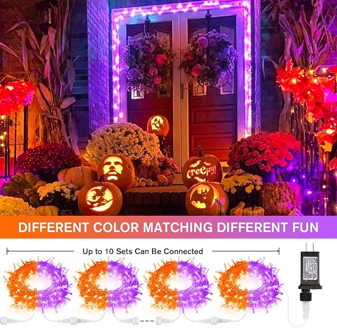 JMEXSUSS 100 LED Orange & Purple Halloween Lights - Plug in, Connectable Color Changing String Lights, 33ft Indoor/Outdoor for Halloween Party Decor & Christmas