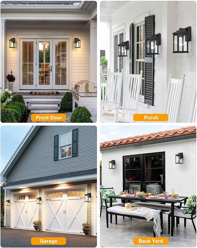 VIANIS Black Dusk to Dawn Outdoor Lights for House, 2 Pack Outdoor Wall Lights, Waterproof Porch Lights, Exterior Lighting Fixtures with Tempered Glass, for Porch, Garage, Doorway,Hardwired, Non-solar