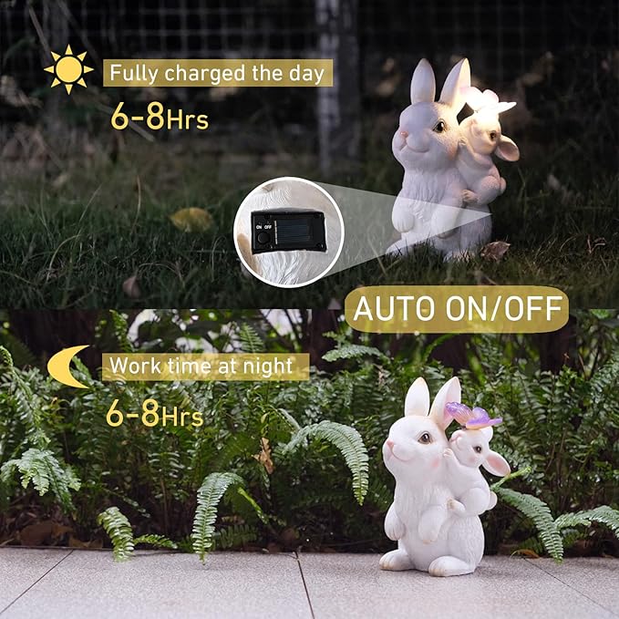 Garden Outdoor Statues Rabbit with Solar Lights,Mother&Baby Bunny Figurine with Solar Butterfly Changing Lights for Yard Art Garden&Patio Decor,Unique Thanksgiving&Birthday Gifts for Women Mom Grandma