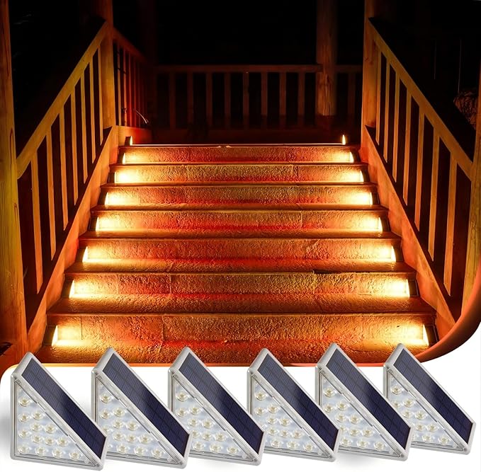 Solar Step Lights 6-pack with Solar Outdoor Stair,Porch,Patio,Yard,Deck & Pathway Adjustable Brightness (Warm White)