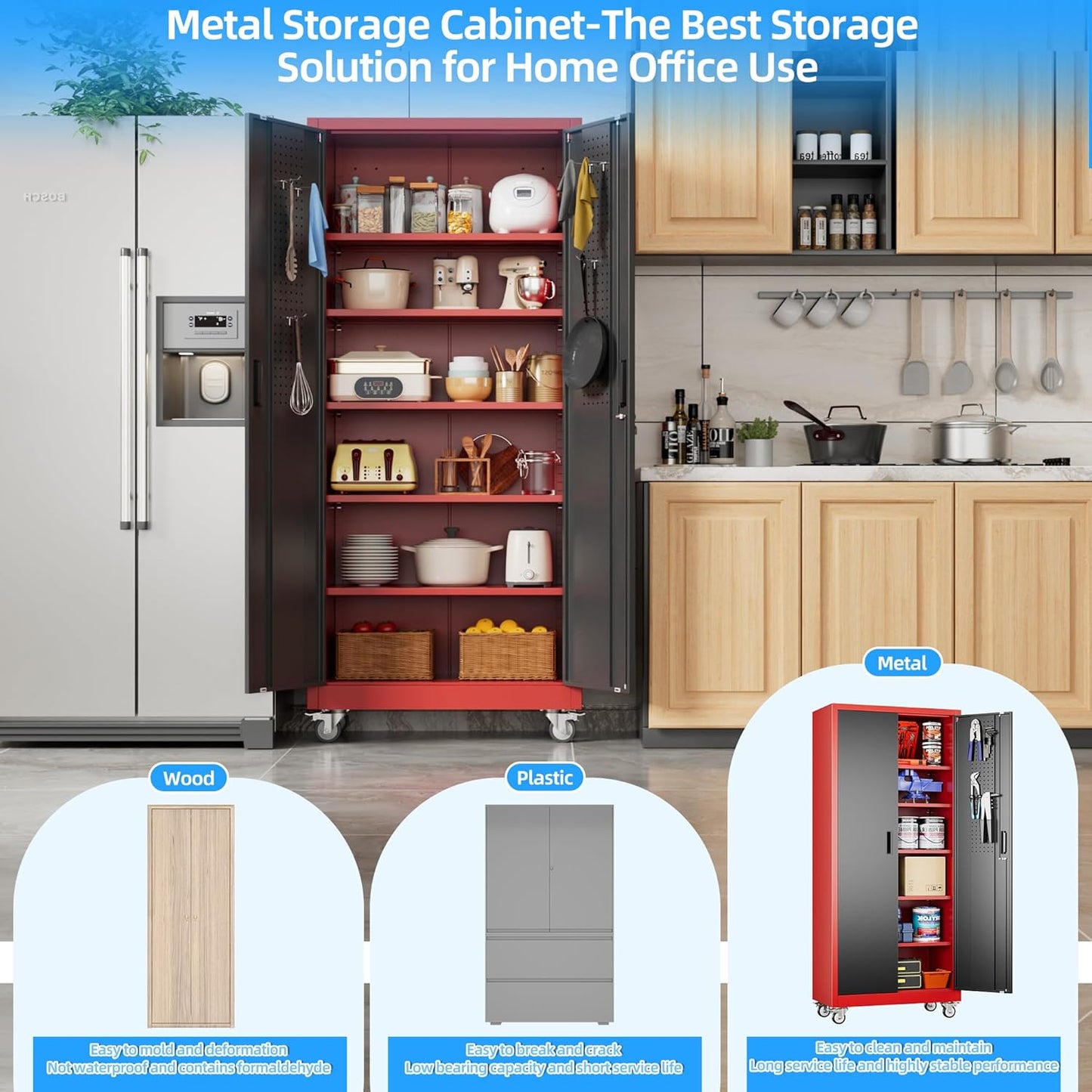 71" H×32" W×16" D Garage Storage Cabinet with Wheels, Locking Metal Storage Cabinet with 5 Adjustable Shelves, 4 Hooks and Pegboard for Garage, Home Office, Kitchen, Black and Red
