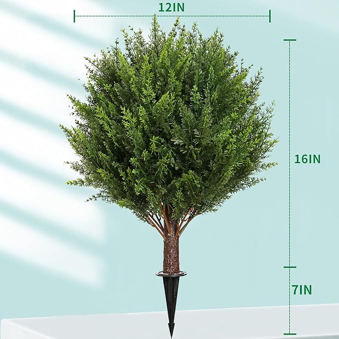 Artificial Cedar Shrub Ball Trees Two 15.8inch with Ground Spikes, can be Planted in The Ground and in pots, Outdoor Artificial Plants Resistant to UV Rays (4pcs)
