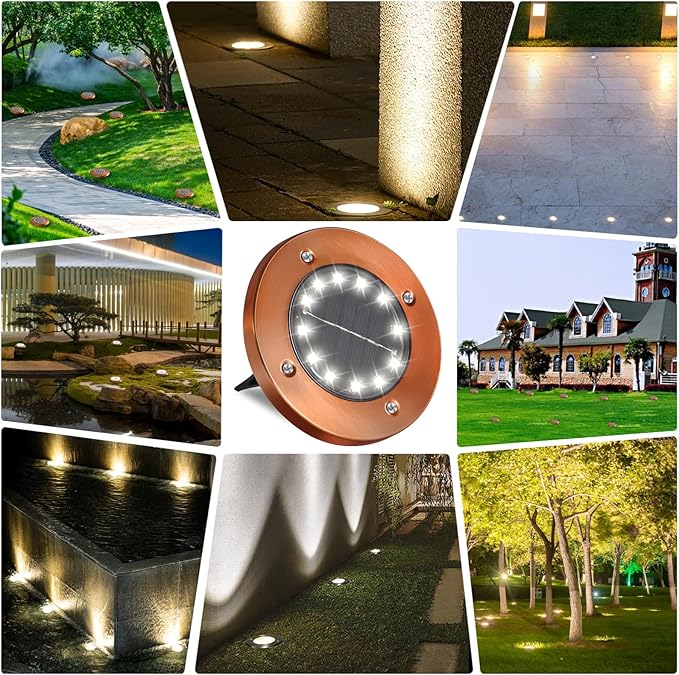 Solar Ground Lights Outdoor Waterproof Flat Garden Solar Disk Lights Floor 12 LED 8 Pack for Garden Patio Pathway Landscape Driveway Yard Path Decor