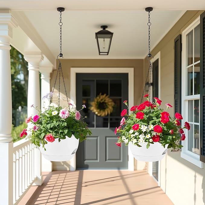 2 Pack 12 Inch Large Hanging Planters with Chains Self Watering White Plastic Hanging Pots for Indoor Outdoor Plants, Garden Porch Home Decor,White