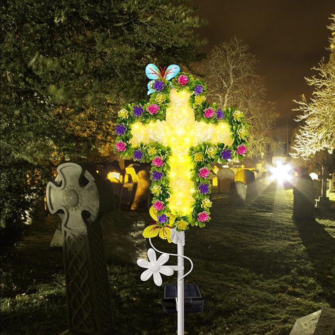 YJFWAL Solar Flowers Cross Garden Stake Lights, Yard Solar Lights Cemetery Decorations for Grave Outdoor Jesus Cross Sympathy Memorial Gifts for Grandmother, Garden Yard Lawn Patio Pathway