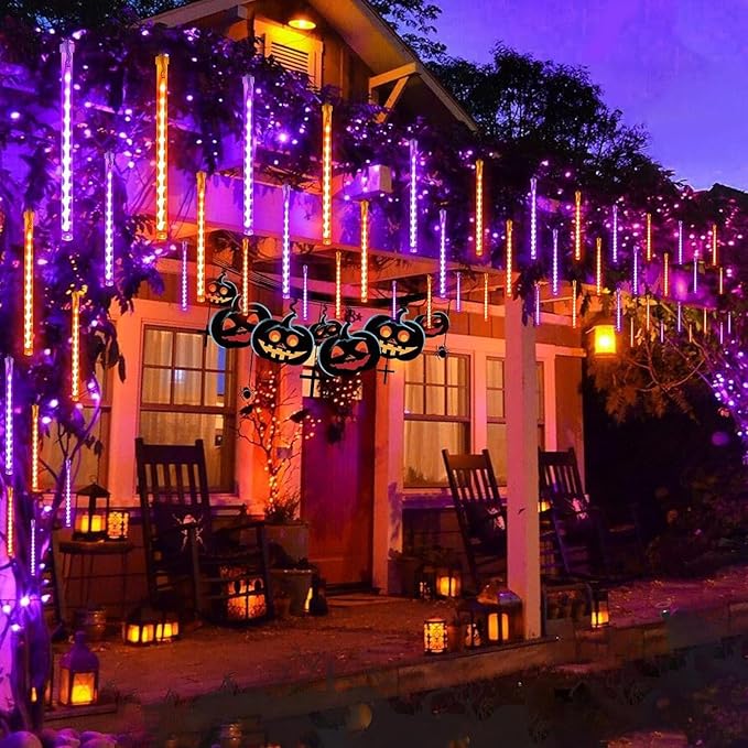 Orange Christmas Meteor Shower Rain Lights, 10 Tube 360 LED 12 Inch Outdoor String Lights, Falling Rain Raindrop Light for Halloween Tree Patio Garden Roof Eaves Decor Waterproof Plug